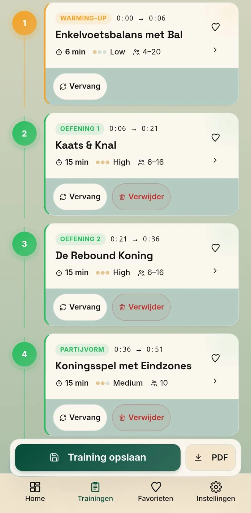TrainKit oefeningenlijst met knoppen om oefeningen te vervangen of verwijderen