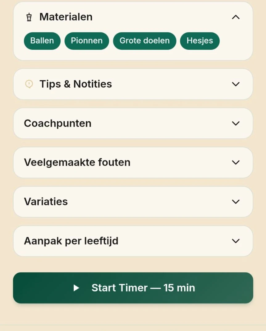 TrainKit oefening met materialenlijst en knop Start Timer van 15 minuten