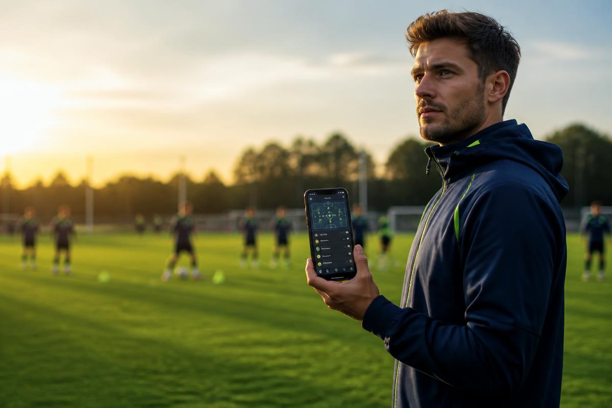 Voetbaltrainer met TrainKit op het trainingsveld