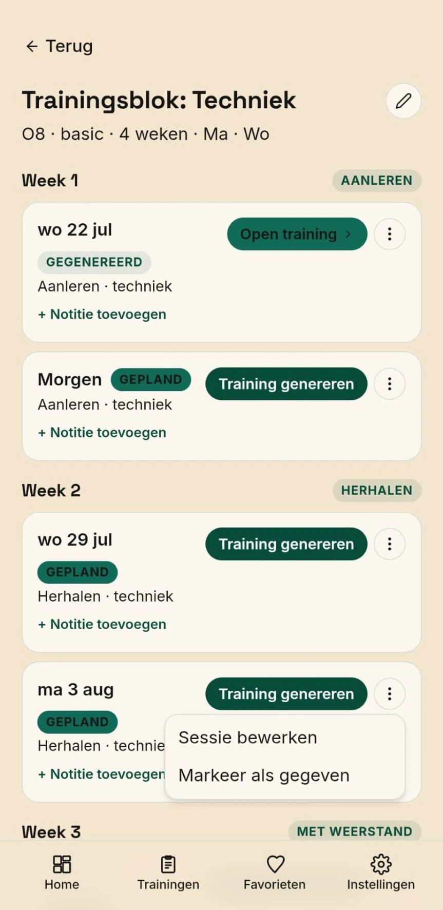 TrainKit trainingsblok Techniek met een schema van vier weken