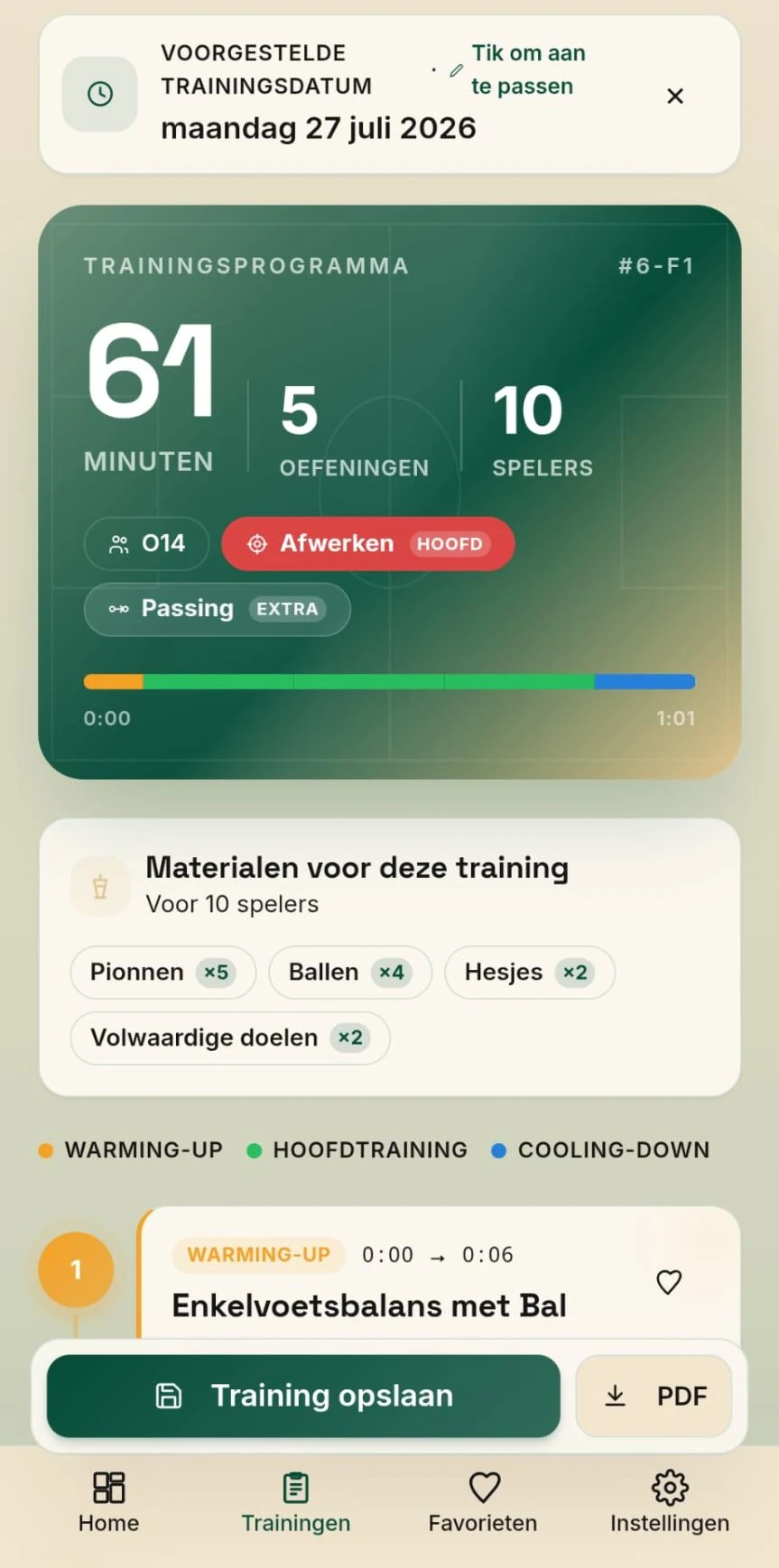 TrainKit trainingsprogramma van 61 minuten met 5 oefeningen voor 10 spelers