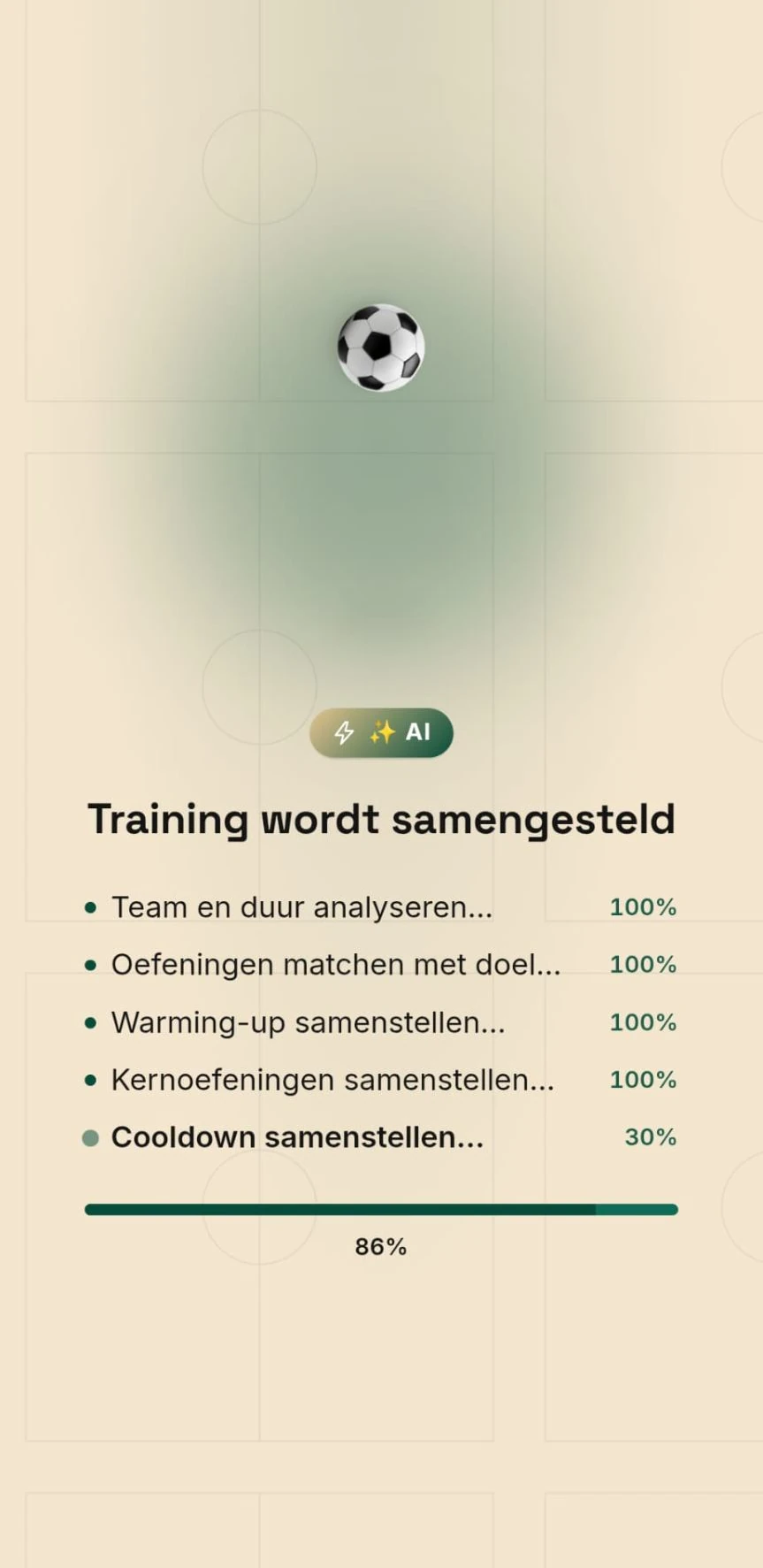 TrainKit scherm waarop een training wordt samengesteld op 86 procent